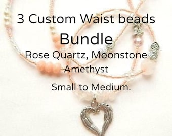 Cuentas de cintura personalizadas con piedras preciosas: amatista, cuarzo rosa y piedra lunar.