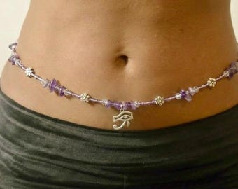 Amethyst Waist Beads, Eye of Horus Egyptian Belly Chain, Purple Body Jewelry, Black-owned shop
