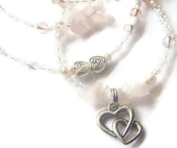 Rose Quartz Waist Beads: Pewter Double-Heart Belly Chain