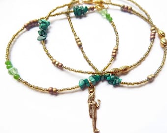 Malachit Göttin Taillenkette: Ägyptische Bauchkette mit Het-Heru Anhänger