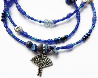 Blue African Belly Chain, Lapis Lazuli Good Luck Fan Waist Beads, Goddess Belly Chain,  Lapis Body Jewelry, Blue Waist Beads,