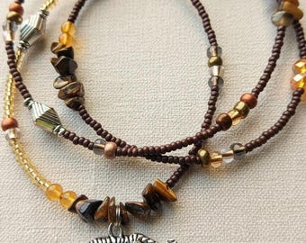 Tiger's Eye Goddess Waist Beads, Pewter Tiger Pendant