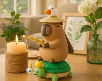 Capybara Figurine on Turtle, Fishing Capybara Desk Decor, Kawaii Animal Resin Statue