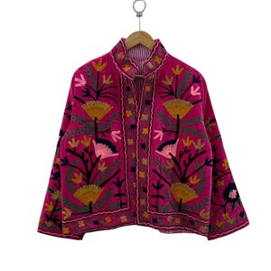 Handmade Suzani Pink Velvet Jacket, Women&#39;s Wear Jacket, Unisex Jackets, Gift for Her, Bohemian Suzani Short Jacket