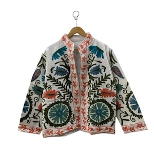 Winter Wear Coat Jacket, White Suzani Jacket, Women&#39;s Wear Jacket, Bohemian Cotton Suzani Jacket, Handmade Suzani Colorful Embroidery Jacket
