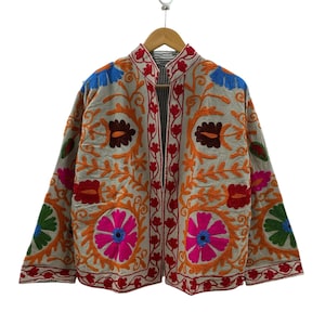 Indian Embroidery Suzani Jacket, Handmade Suzani Cotton Jacket, Suzani Short Jacket, Winter Wear Coat, Women Wear Jacket, Gift for Her