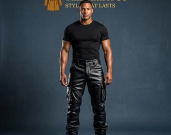 メンズ ブラック フェイクレザー カーゴパンツ、PUレザー バイカーパンツ、ストリートウェア タクティカルパンツ、スリムフィット モトパンツ、パンクファッション メンズ