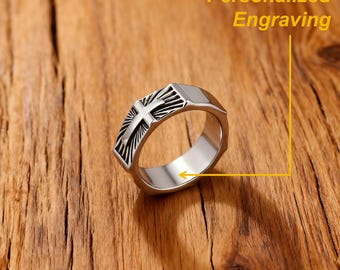 3D Sunburst Kreuz Ring - Christlicher Schmuck für Männer, Religiöses Edelstahl Siegelband in Gold, Silber & Schwarz, Katholisches Weihnachtsgeschenk
