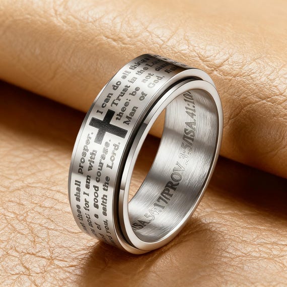 Lord’s Prayer Spinner Ring for Men - Christian Cross Band