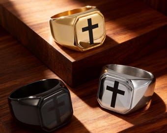 Men's Signet Cross Ring, Pinky Ring for Boy, First Communion Gift, Old Money Religious Jewelry, Protection Ring for Him