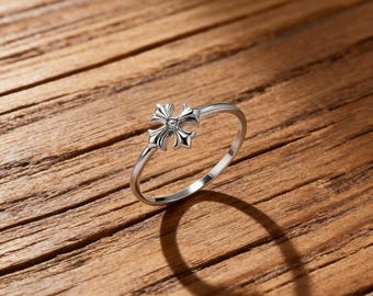 Four-leaf Clover Cross Ring Women, Gold & Silver Stainless Steel Christian Band, CZ Religious Jewelry Gift