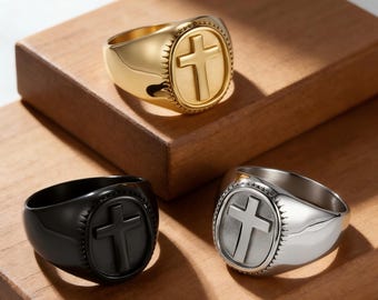 Minimalistischer Kreuz Ring Männer, christlicher Siegelring, Edelstahl Gebetsband, täglicher Glaube Ring, strukturierter religiöser Schmuck, Geschenk für ihn
