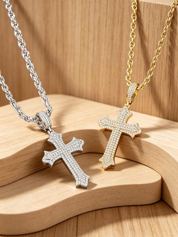 Iced Out Cross Pendant with Zirconia or Moissanite