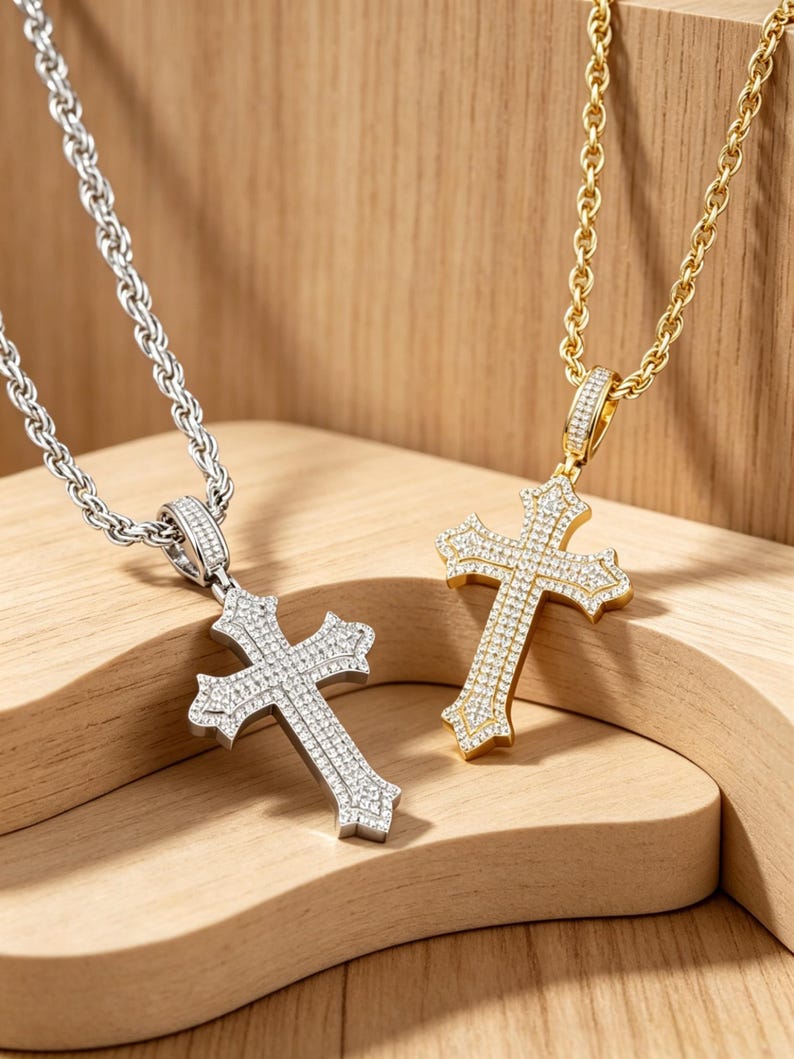 Iced Out Cross Pendant with Zirconia or Moissanite
