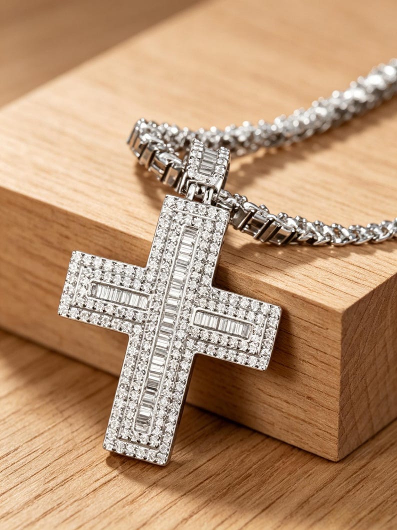 Sterling Silver Baguette Cross Pendant with Cubic Zirconia
