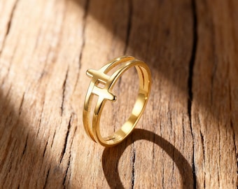 Anello religioso minimalista per donna - Anello cristiano con doppia croce in acciaio inossidabile, sottile anello di fede in oro, argento e nero