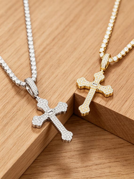 Sterling Silver Baguette Cross Pendant with CZ or Moissantie