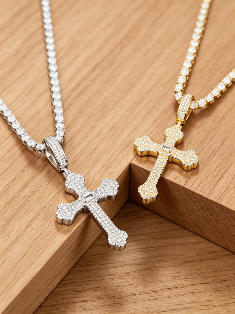 Sterling Silver Baguette Cross Pendant with CZ or Moissantie