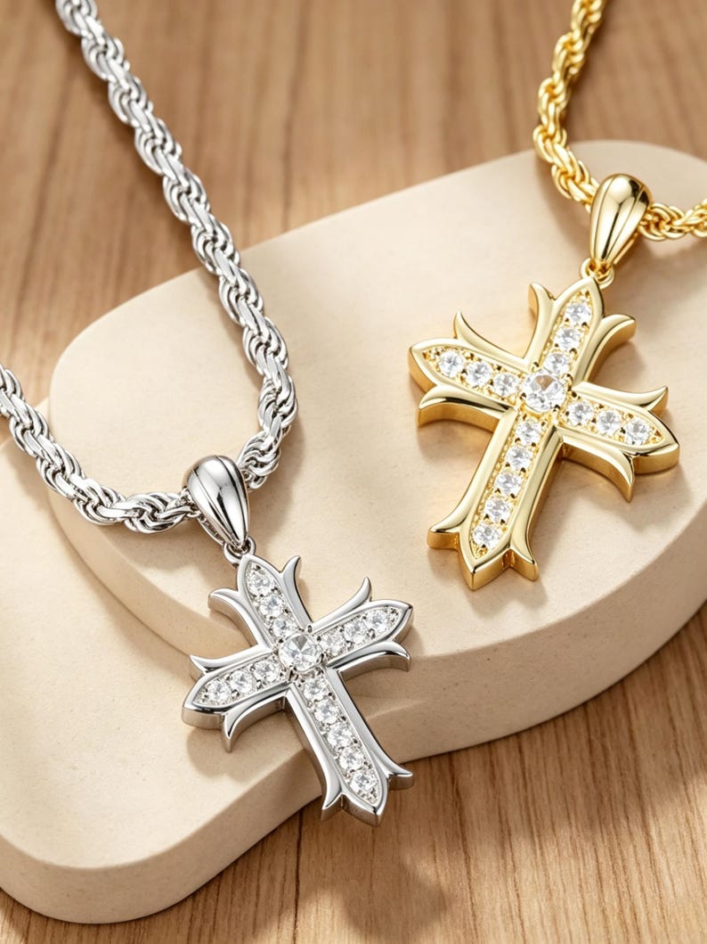 Sterling Silver Fleur Cross Pendant with Cubic Zirconia/Moissanite