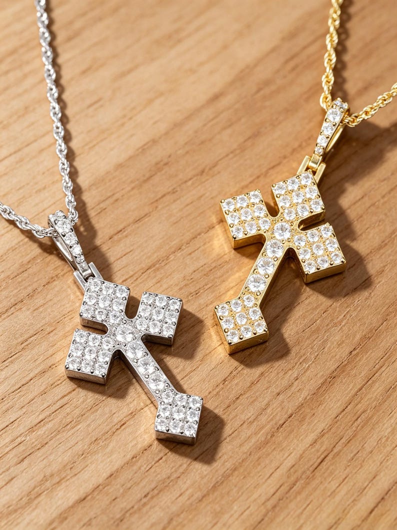 Sterling Silver Pavé Cross Pendant with Zirconia or Moissanite