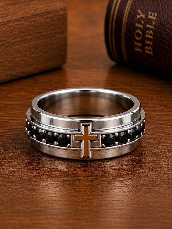 Black Onyx Cross Wedding Ring Men