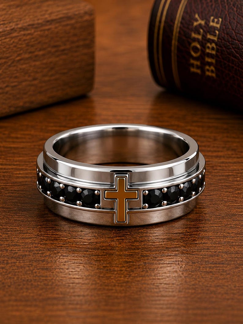 Black Onyx Cross Wedding Ring Men