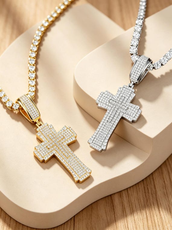 Sterling Silver Iced Cross Pendant with Cubic Zirconia/Moissanite