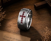 Ruby Cross Ring Men, Red Birthstone Band — photo 1