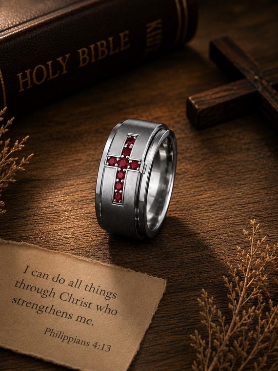 Ruby Cross Ring Men, Red Birthstone Band