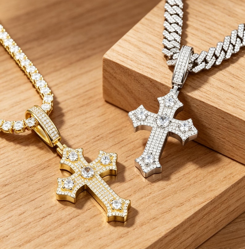 Sterling Silver Cross Pendant with Zirconia or Moissanite