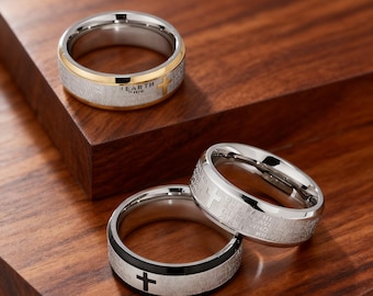 Anillo grabado con la Oración del Señor para hombre – Banda con cruz de acero inoxidable, anillo de fe cristiana, joyería religiosa texturizada