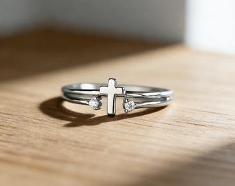Minimalist Cross Ring for Women, Silver Cross Faith Ring with Cubic Zirconia, Christian Jewelry Gift for Her, Dainty Religious Ring