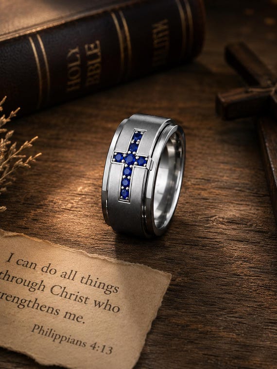 Sapphire Cross Spinner Ring for Men