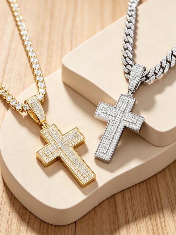 Sterling Silver Iced Cross Pendant with Cubic Zirconia Moissanite