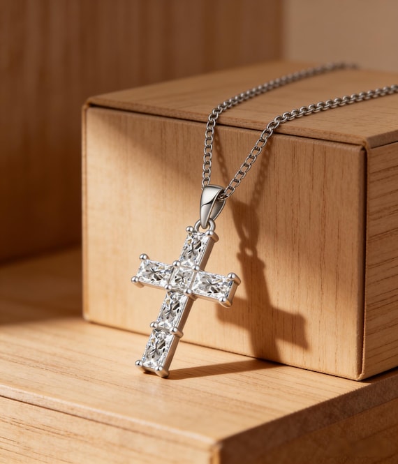 Sterling Silver Baguette CZ Cross Necklace