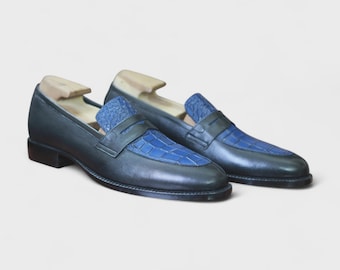 Men Handmade Penny Loafer Shoes | Black Blue Alligator Print Shoes |  Handmade Shoes | Dress Shoes | Office Slip On's Loafer | Gift For Him