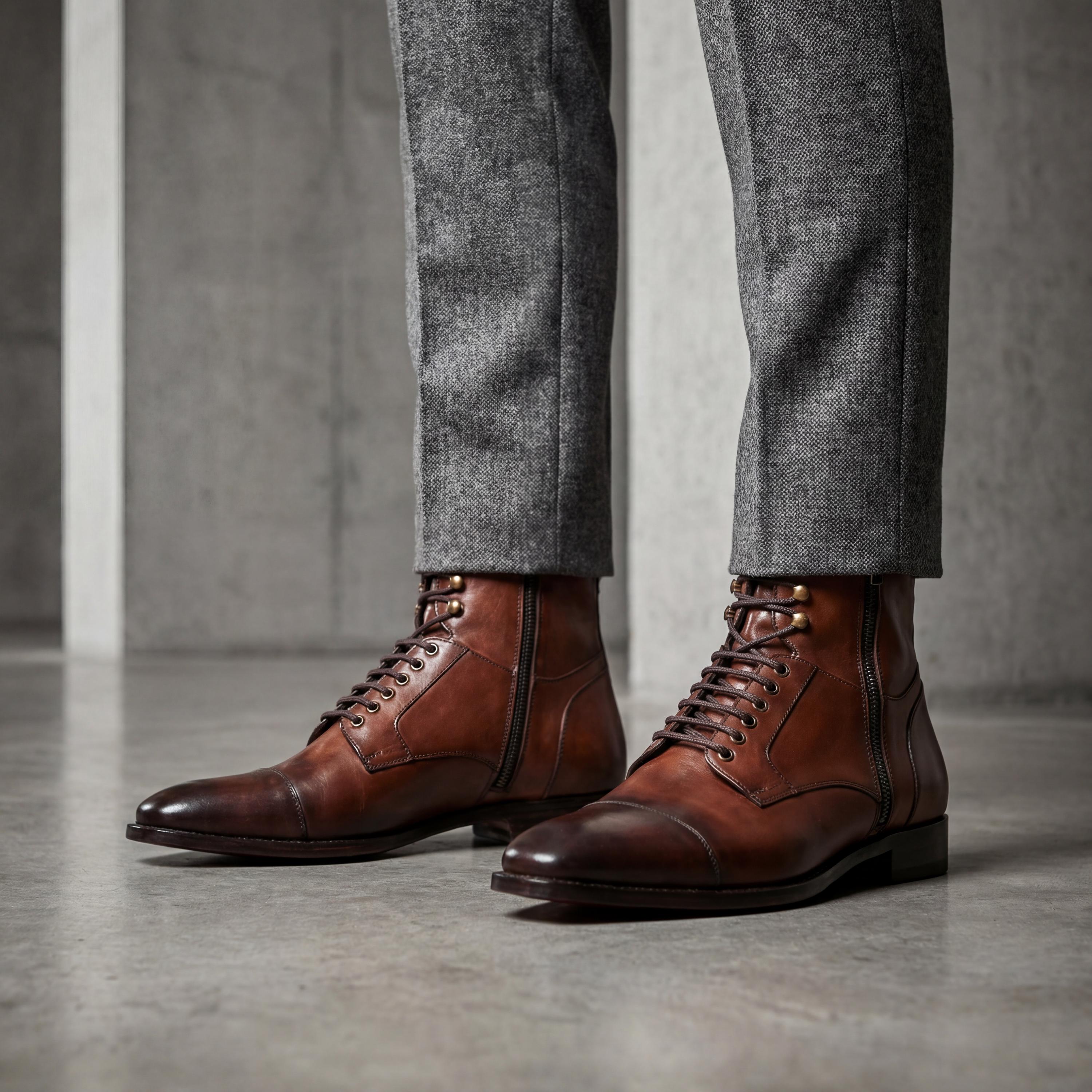 Cognac Leather Boots Men Cap Toe Side Zip Ankle Dress Shoes