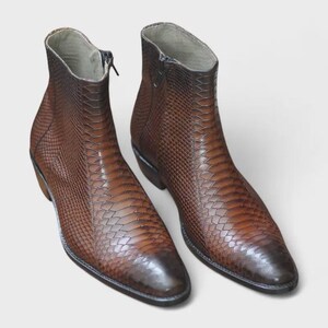 Front view of Handmade Men’s Brown Python Texture Zipper Boots showing premium full-grain leather and stylish python pattern.