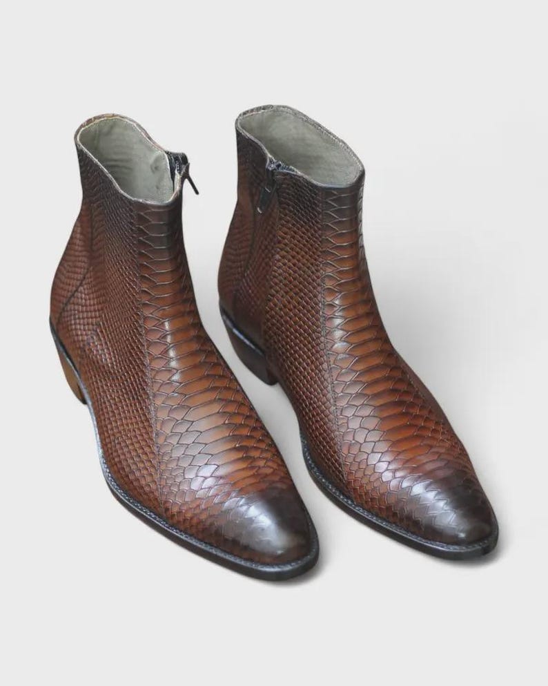 Front view of Handmade Men’s Brown Python Texture Zipper Boots showing premium full-grain leather and stylish python pattern.