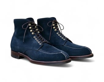 Handcrafted Navy Blue Suede Lace-Up Ankle Boots | Elegant Handmade Real Suede Leather Blue Formal Ankle Boots for Men