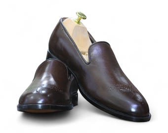 Handmade Brown Leather Loafers for Men with Brogue | Luxury Slip-On Dress Shoes | Premium Cow Leather for Stylish Comfort and Versatility