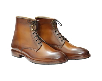 Handmade Tan Brown Leather Dress Boots | Lace up zipper Boots | Ankle High Leather Boots, Men Designer Classic Outwear | Classic Retro Boot