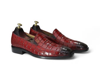 Handmade Maroon Alligator Print Leather Penny Loafers - Men's Slip-Ons