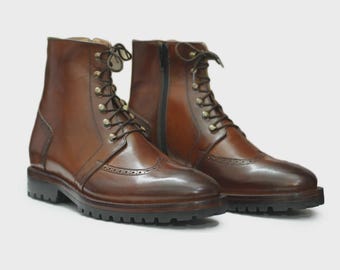 Botas de punta de ala de cuero marrón con licor de café hechas a mano / Botas con cordones y cremallera / Botas altas hasta el tobillo / Ropa de abrigo clásica de diseñador para hombre / Botas retro