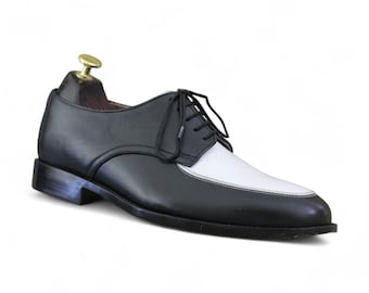 Handmade Mens Black & White Two-Tone Leather Lace-Up Shoes | Stylish Oxford Dress Shoes for Men | Elegant, Comfortable Footwear