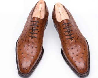 Men Full Quill Ostrich Wholecut Oxford Shoe Cognac Tan Handmade Square Toe Gift