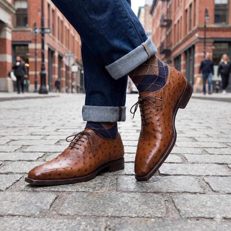 Top down flat lay of pair of men cognac full quill ostrich wholecut Oxford shoes with cedar shoe trees on light grey background