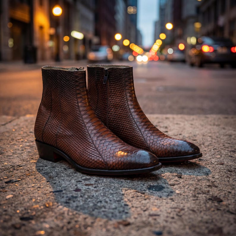 Luxury brown snakeskin boots placed on a city sidewalk with blurred street lights.
