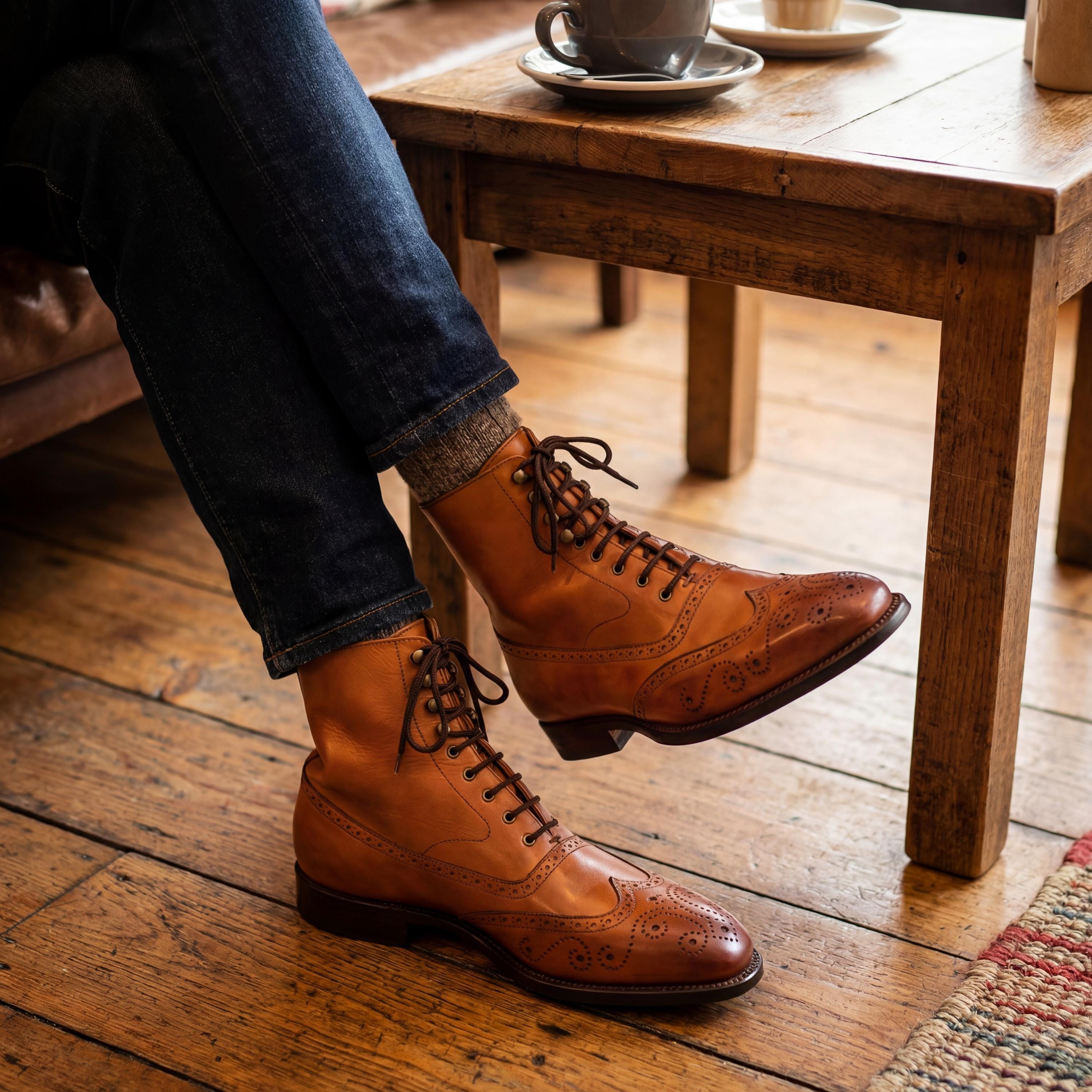 Mens Tan Wingtip Leather Dress Boots Full Brogue Lace Up  display picture 2