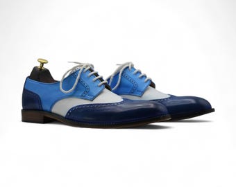 Handgefertigte dreifarbige Flügelspitze Oxford-Kleidschuhe | Mehrfarbige Leder Schnür-Formelle Schuhe | Stilvolles, elegantes Schuhwerk | Perfektes Geschenk